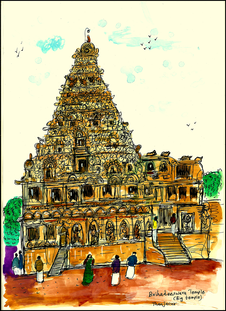 Illustration of Brihadeeshwara / Big temple, Thanjavur